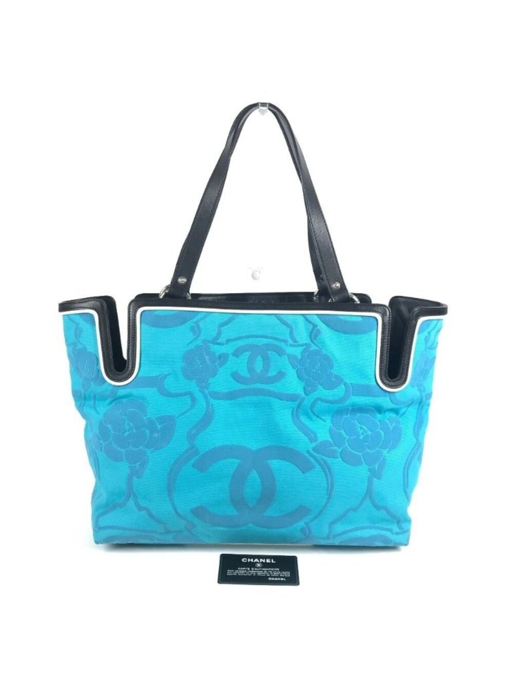 Chanel Shoulder Bag Logo CC Camellia Leather Canvas Blue Shape
